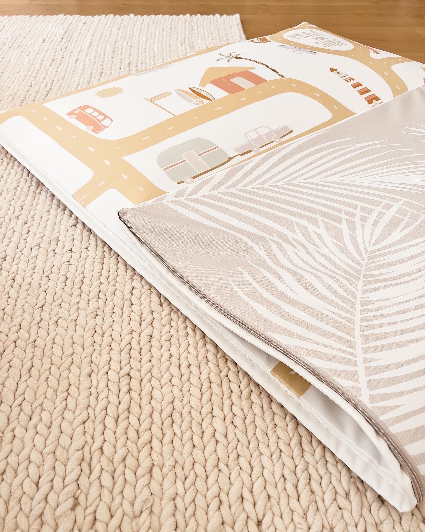Softly Summer Cuvvy play mat cover, padded play mat, vegan leather, reversible, road play mat, palm tree, baby play mat